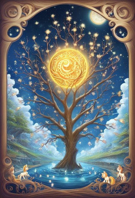 PUPPET,
This artwork portrays a stunning blend of traditional and fantastical elements. At the center is a gnarled  unicorn , its twisted trunk radiating energy as it merges into swirling streams of vibrant colors—red, blue, and white. These swirling forms evoke the essence of wind and water, intertwining around the tree in a dynamic flow. The background features aged parchment-like paper, with vertical rows of intricate calligraphy in a classical Asian script, giving the piece a historical, cultural depth. The glowing moon illuminates the scene with a soft, ethereal light, creating a mystical ambiance. Butterflies and delicate clouds further enhance the surreal quality of the composition.