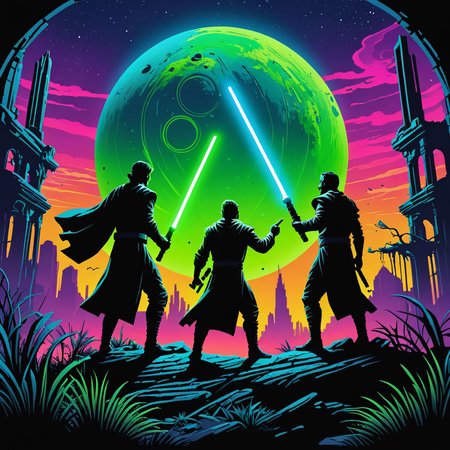 a man and a man, jedi clashing lightsabers on a science fiction exoplanet with ruined buildings, silhouette, vibrant neon colors blue, green, vegetation, illustration, cartoon, highly detailed, high quality,