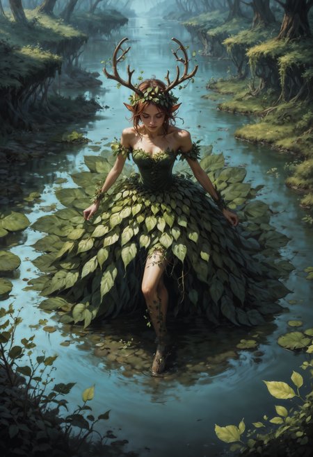 score_9, score_8_up, score_7_up, masterpiece, intricate, detailed, ornate, vibrant colors, BREAK, fantasy, from above, BREAK, faun, antlers, wrenchleafloom, dress, leaf, <lora:wrenchleafloompdxl:1>, BREAK, pond, ivy, moss, bushes,  <lora:Fant5yP0ny:0.8> <lora:Concept Art Twilight Style SDXL_LoRA_Pony Diffusion V6 XL:0.8> Concept Art,  <lora:Expressive_H:0.8> expressiveh,  <lora:sinfully_stylish_SDKL:1>