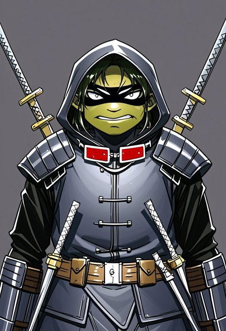 masterpiece, best quality, amazing quality, very aesthetic, high resolution, ultra-detailed, absurdres, newest, Lofi anime style, soft anime art, kawaii elf, Painted anime illustration, tmnt the last ronin, the last ronin, tmnt, hood, sai, swords, nunchaku, ninja turtle, bo staff, ninja armor