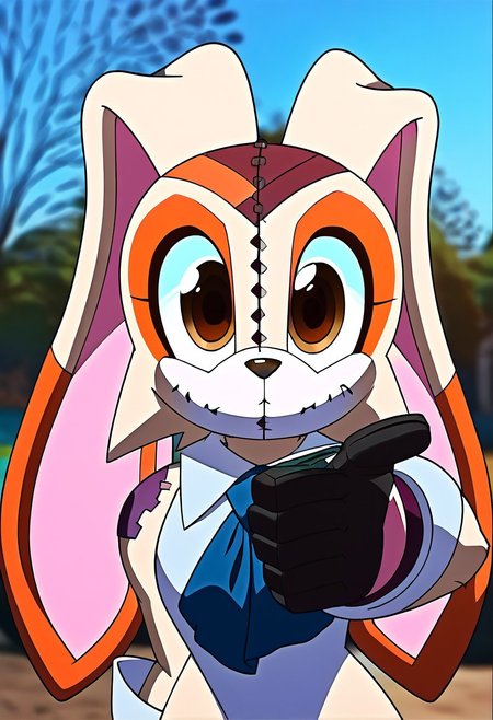 score_9, score_8_up, score_7_up,1 male,upper body, close up, pointing at viewer
   , masterpiece, beautiful,solo, 1male, Ultideadpool,
AliceSoulCream, 1girl, animal ears, w rabbit ears, furry, rabbit girl, furry female, stitches, animal nose, large, expressive creepy white eyes, patchwork design on face, elongated ears, cream the rabbit, plush toy, doll, stitched-up face, stylized cartoon creature, stitched appearance, wide unsettling smile, washed up colors, sitched mouth, large stitched eyes, doll-like appearance with a mix of pink and cream colors
,  red-and-black tactical suit, skintight, black padding on shoulders,black gloves,muscular build,  standing, battle pose, outdoor,