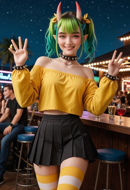safe_pos, score_9_up, score_8_up, score_7_up, score_6_up, 1girl, 25 years old, perfect face, (adult), sexy, 
green eyes, 
pointy ears, 
green hair, twintails, bangs, multicolored hair, thick eyebrows, x hair ornament, hair ornament, hairclip, oni horns, 
shy smile, blush,
mature, 
