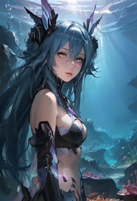 masterpiece, best quality, highres, absurdres, realistic, realistic skin texture, realistic hair, best quality, very aesthetic, perfect face, extremely detailed eyes, score_9, score_8_up, score_7_up 
BREAK
1girl, God rays, cowboy shot, underwater, dynamic angle, side view, looking at the viewer, LostLullaby, light purple eyes, blue hair, long hair, Lost clothes, headgear, mermaid mode
BREAK
fairy light, dark light, cute face, (blushing, shy, embarassed, panicking)