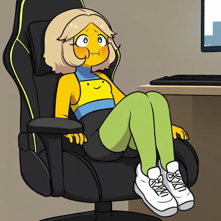 Yunu, 1girl, solo, short wavy light blonde hair with streaks, yellow skin, flushed cheeks, long blue sleeveless shirt that covers her neck, yellow top, black spandex shorts with green tights, white shoes
Yunu sitting in her gaming chair while playing on her PC