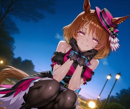 masterpiece, best quality, amazing quality, very aesthetic, high resolution, ultra-detailed, absurdres, newest, scenery, 
1girl, umamusume, north flight \(umamusume\), sweat, wet, steaming body, horse tail, horse girl, gradient hair, 
hat, skirt, gloves, sleeveless dress, black pantyhose, black footwear, bare shoulders, hairclip, 
outdoors, park, night, squatting, straight-on, 
cowboy shot, looking at viewer, smug, <lora:northflightillv1:1>,, glowing, colorful, photorealistic, shiny_skin,dutch angle, <lora:arcain-2411:0.4>,, HDR,photo background,detailed eyes,detailed hands,detailed clothing,detailed shading,dim lighting,chiaroscuro,BREAK depth of field,masterpiece,best quality,amazing quality,very aesthetic,high resolution,ultra-detailed,absurdres,newest,scenery,volumetric lighting,