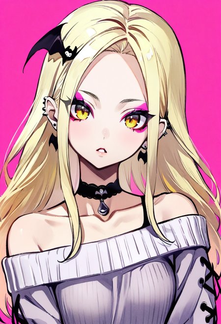 masterpiece, best quality, <lora:banpaiakiraXL_ANI31_lokr_V3236:0.95> 1girl, bat hair ornament, solo, choker, long hair, makeup, blonde hair, eyeshadow, yellow eyes, looking at viewer, hair ornament, pink background, black choker, earrings, jewelry, off shoulder, parted lips, collarbone, parted bangs, simple background, bangs, eyeliner, bare shoulders, piercing, upper body, mascara, forehead, lace trim, ear piercing, off-shoulder shirt, shirt, virtual youtuber, off-shoulder sweater, sweater