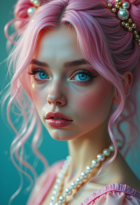 highly detailed photorealistic photography, complex composition,  woman with pastel rainbow hair, large blue eyes, intricate hairstyle with pearls, pastel dress, glowing background, exaggerated background details, vibrant colors, intricate textures, dynamic lighting, whimsical and magical atmosphere, very detailed and complex skin texture, best quality skin texture