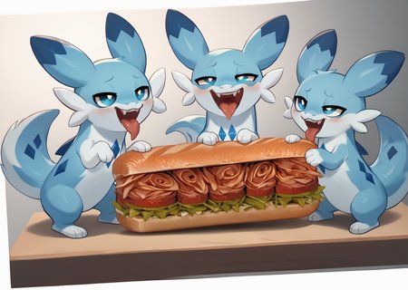 score_9, score_8_up, score_7_up, score_6_up, score_5_up, score_4_up, feral chillet licking a sandwich, tongue, freshcock, eatfresh, blue body, full body, show accurate, cute, dark blue diamond chest markings, efficacious, bedroom eyes, photo background, brilliant<lora:chillet-v3e10:1>,<lora:EatfreshPDXL:1>