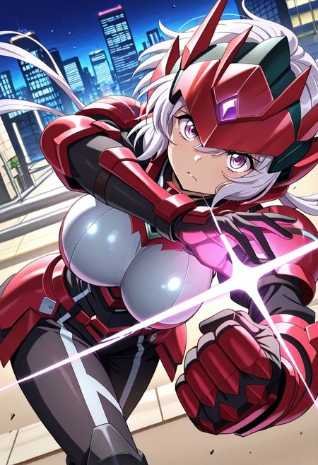 general,highres, ultra-detailed,very aesthetic,best quality ,best hands,best eyes,easynegative,
dynamic anglre, dutch angle, anime cloring,
1girl solo,looking at viewer,city,fighting, 
Chris Yukine,silver hair, purple eyes, huge_breasts,helmet, body armor,