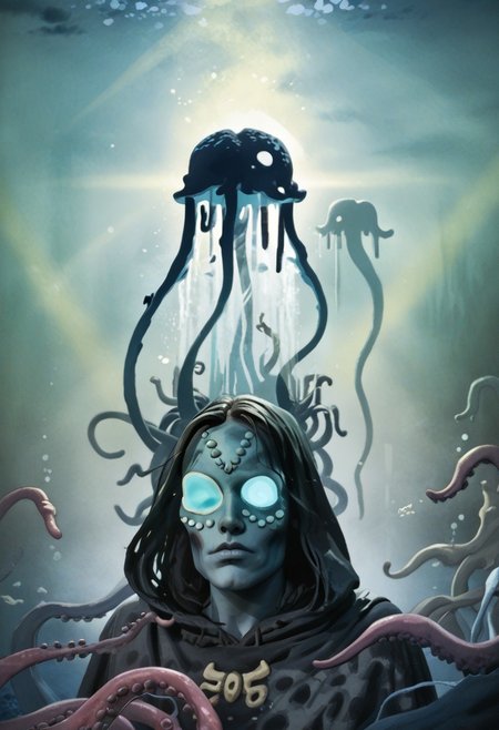 weird water woman, 19yo, portrait, strange tentacles, prismatic beams, score_9, score_8_and_up