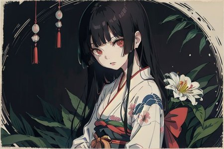 enma ai, hair down, hair black, bangs, eyes red, masterpiece, best quality, ultra-detailed, illustration, 1girl, solo, highres, photorealistic, ultra high res, (Original illustration composition), (fusion of limited color, Maximalism artstyle, kimono obi fashion, double exposure, background, illustration, Amazing, lily spider, night darkness, open one's mouth, flowers red, Movie poster, sitting