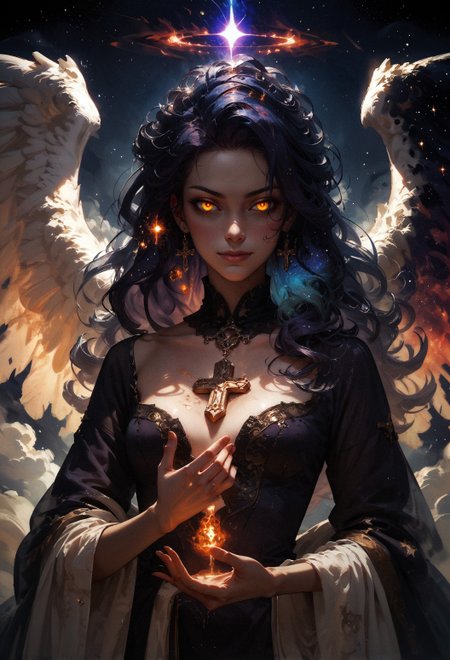 score_9, score_8_up, score_7_up, score_6_up, score_5_up, score_4_up,  1girl, white angel wings, solo, cosmic fire, koling, human face, cosmic, half open eyes, glowing eyes, magic eyes, glowing chest, cosmic body, very cosmic hair, wizard robe, golden cross on chest, evil smirk