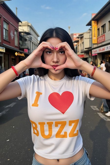 A realistic photography of a female model with long, dark hair, tall, slender body, realistic skin and striking features.positioned in a fisheye perspective, looking directly at the viewer, creating a heart shape with her hands in front of her face.  She's wearing a white graphic t-shirt with large, bold "I LOVE BUZZ" text, in warm, vibrant colors. The colors in the image are bold and saturated.  The setting is a stylized city street, with urban architecture and busy streets visible in the background.  The lighting is bright, sunny, and casts dramatic shadows.  The female's eyes are expressive, and her overall aesthetic is cool and trendy.  Her hands are detailed with rings and bracelets, nails painted with bold and visible colours.  Include detailed facial features, and vibrant, saturated colours.  Include a Fisheye lens effect, and focus on the girl being the central figure of the artwork.Febi_