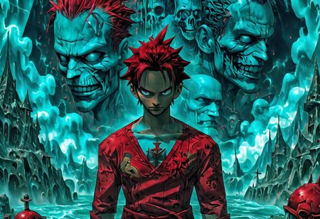 illustration, anime, Monkey D. Luffy, One Piece, vintage, port city, poster, in the style of [james jean], deathcore, [john pitre], detailed atmospheric portraits, oil painting, anime, biopunk, horror art, dark and intricate, unique illustrations, precisionist art, airbrush, mystical landscape, intricate psychedelic, dark azure and red, witchcore