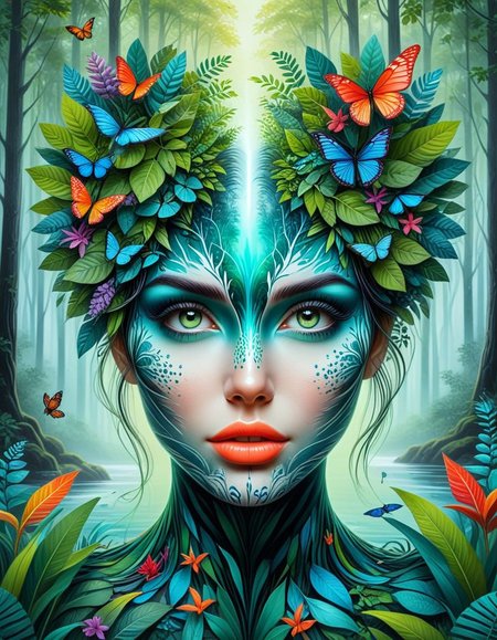 A captivating and surreal illustration of a woman's face harmoniously merged with a lush, serene forest, creating a breathtaking blend of nature and humanity. The dense foliage forms a canopy, gently cascading over her head like a green waterfall, while her vivid features emerge from the foliage, including her lips, nose, and part of her eyes. Her ear is adorned with a striking, colorful earring that contrasts with the natural setting. A vibrant and diverse array of wildlife coexists with the forest, adding a touch of life and energy to the scene. The atmosphere is tranquil and mystical, with a sense of profound connection between nature and the human spirit. The illustration's vivid colors, wildlife, and fashionable elements make it a truly cinematic and visually stunning piece, perfect for a photo or wildlife photography enthusiast., vibrant, cinematic, wildlife photography, illustration, photo, fashion(,digital art oil painting,ink,charcoal,double exposure)glass  painting<lora:luxart:1.2>