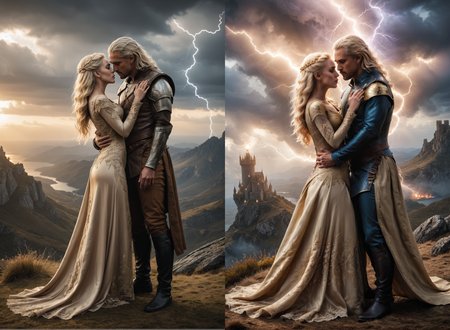 <lora:RMSDXL_Enhance:3><lora:RMSDXL_Darkness_Cinema:0.5><lora:RMSDXL_Creative:4>a handsome 40 year old blonde crowned male king kissing a beautiful blonde young woman in a long golden dress with lace detail and metallic gold stitching, electric fantasy world, lightning landscape, epic views, moody lighting, ethereal, game of thrones, the witcher style, full body