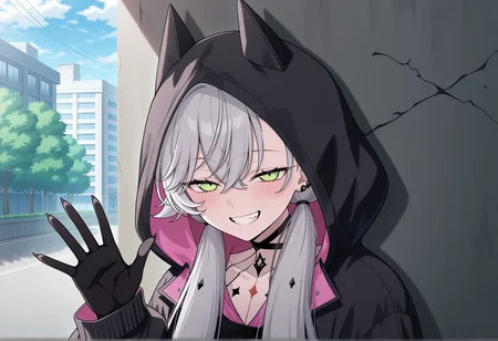 anime screenshot, anime screencap, anime coloring, portrait, waving, 1girl, grey hair, green eyes, slit pupils, mini wings, sharp fingernails, black hands, hoodie, animal hood, body markings, ear piercieng, solo, standing, low twintails, against wall, smile, teeth, fang, half-closed eyes, outdoors, city, graffiti, looking at viewer, dappled sunlight, blush, dappled sunlight  <lora:Lilith_illus:1>, masterpiece, best quality, amazing quality, very aesthetic, absurdres, highres, newest
