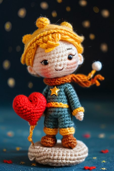the little prince standing on small planet in starry sky holding a heart, by saint exupery, crocheted style
 <lora:MJ52:0.25>,  
 <lora:TQ_-_Cute_People_Crochet_Professional_Careers-000006:1>,