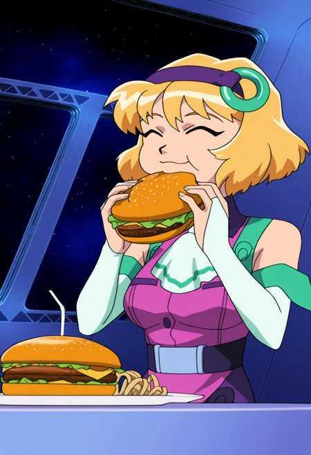 high quality, newest, hires, 
1girl, belvedere coco,closed eyes, ^_^, blonde hair, belvedere outfit, (side slit,:0.8) indoors, space, headband, bridal gauntlets, sitting, eating a hamburger, table,