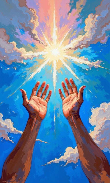 A vibrant, abstract painting depicts hands raised towards a radiant light source in a celestial sky. 
The sky is a mix of deep blues, light blues, and soft pastels like pinks, lavenders, and whites.   Impressionistic brushstrokes create a sense of clouds, light, and atmosphere. Bright, radiating light beams emanate from a central, luminous point, suggestive of the sun or a divine light. 
Two outstretched, human hands, painted with visible detail and texture, are positioned prominently in the foreground.  The hands are a mix of browns, tans, and grays, and the skin appears to be slightly rough, conveying a sense of humanity. The lines and colors used in painting the hands contribute to the ethereal/spiritual nature of the scene.
The overall impression is one of fervent prayer or spiritual connection to a divine presence. The mix of bright colors and abstract brushwork creates a dynamic and emotionally engaging image.
<lora:FLUX-daubrez-DB4RZ-v2:1> DB4RZ, DB4RZ style painting