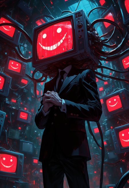 A surreal and eerie scene featuring a man with a television as his head, displaying a sinister red smiley face dripping with digital distortion. The figure is dressed in a sharp, dark suit, standing in a dimly lit, dystopian environment. Thick, black cables emerge from the back of the TV head, intertwining with the background's chaotic mess of wires and broken screens, all bathed in an ominous red glow. The manâs hands are clasped together, giving off a menacing yet composed demeanor, as if he is in control of this chaotic digital landscape. The atmosphere is dark, unsettling, and charged with a sense of looming danger, aiai-Glimra,  aiai-4p4rt <lora:aiai-Glimra-Flux-Dev-v2:0.5> <lora:aiai-4p4rt-Flux-Dev-v6:0.5>