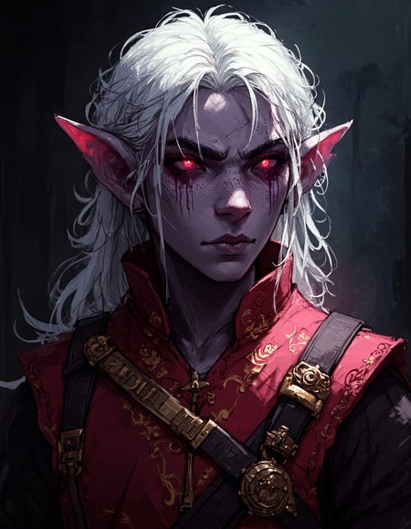 cflxillst
wc1dnd_style

A highly detailed close-up portrait of a very young dark elf. His skin is a soft violet hue, contrasting with his deep crimson eyes that hold an intense and determined gaze despite his youthful features. His wavy, white hair cascades over his shoulders, framing his delicate yet strong face. He wears a luxurious red tunic, intricately embroidered with gold patterns, hinting at noble heritage or arcane significance. The lighting is soft and atmospheric, casting subtle shadows that accentuate the texture of his skin and fabric. The background is blurred, with dark, mysterious tones enhancing the mystical aura of the scene.


The lighting is dramatic, casting deep shadows that emphasize her sharp, angular features. The background is blurred and dark, evoking the mysterious depths of the underworld.


