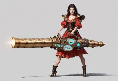 score_9, score_8_up, score_7_up, rating_safe, concept art, semi-realistic, 1girl, solo, 
Young beautiful face, fit body, 
HHWeapon, Holding weapon, ((Huge weapon)),
Holding weapon with two hands.
Fantasy gun. Cannon gun.
Simple background.