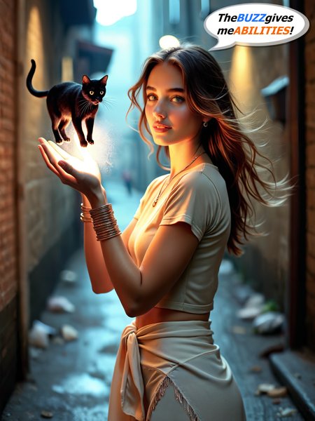 cinematic film still a woman holding a black cat on her hand and a cat on her shoulder, in the middle of a city street, Alena Aenami, magic, a photorealistic painting, fantasy art, pbr, a stock photo, natural light, a photorealistic painting, romanticism,  shallow depth of field, vignette, highly detailed, high budget, bokeh, cinemascope, moody, epic, gorgeous, film grain, grainy<lora:Flux-style-xl-lora:.5> <lora:add-detail-xl:.5>