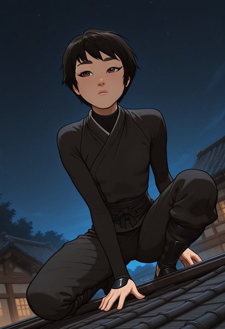 masterpiece,best quality,amazing quality,newest, absurdres, highres, detailed eyes, beautiful, perfect eyes, finely detailed face, very aesthetic, anime coloring, anime screencap, incoth, (incase:0.6), (depth of field)
1girl,  
KimmyDKov, short hair, black hair, brown eyes, slim, small breasts, 
ninja clothes, crouching, one knee on the roof,
 dynamic pose, dutch angle,
medieval setting, japanese roof, japanese city, night,