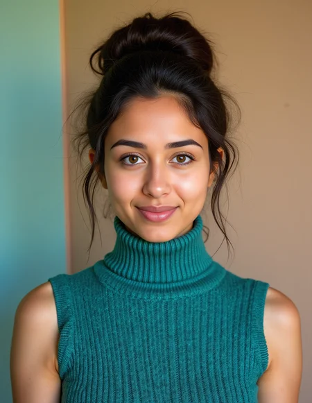 from front photo of a pretty woman with a d351 l1ght skintone, hyper realistic photo that is safe for work, shy smile, studio quality image with natural colors, well dressed wearing intricate sleeveless Teal turtleneck sweater, hair styled as  messy hair,muted pastel shaded multicolored background that contrasts with the person, cinematic lighting,âââââ  <lora:D351_L1ght_Desi_Latte_Flux_Kohya_V3:0.8>âââ