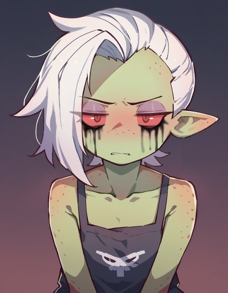 score_9, score_8_up, score_7_up, score_6_up, score_5_up, score_4_up, solo, 1girl, solo,
<lora:Orenji v3:1> orenji, green skin, red sclera, runny makeup, silver hair, freckles, \(wander over yonder\) Lord Dominator