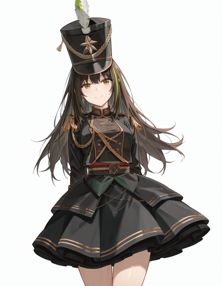 Volumetric Lighting, (masterpiece), (best quality), (ultra-detailed), masterpiece, source_anime, score_9, score_8_up, score_7_up BREAK, illustration, disheveled hair, detailed eyes, perfect composition, moist skin, intricate details BREAK, M4A1, long hair, black hair, streaked hair, green hair, golden eyes BREAK, M4orchest, ocs_shako_cap, ocs_epaulettes, ocs_band_uniform, ocs_skirt, ocs_hat_feather BREAK, ((white background)), smile,upper body, thighs, looking at viewer