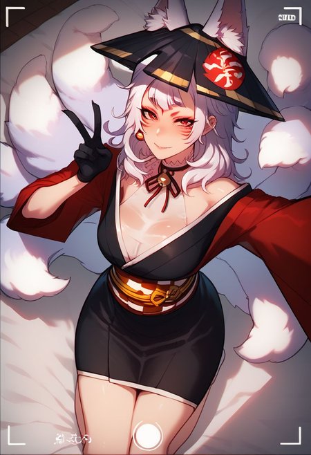 score_9, score_8_up, score_7_up, rating_explicit, cute girl, adult, (from above:0.7), taking selfie, looking at viewer, kneeling on bed, medium close up, peace sign, camera overlay, kosaka1st, medium hair, facial mark, red eyeshadow, forehead mark, makeup, fox ears, animal ear fluff, fox tail, black headwear, multiple tails, kimono, black kimono, red kimono, single earring, black gloves, halterneck, obi, checkered sash, neck ribbon, neck bell