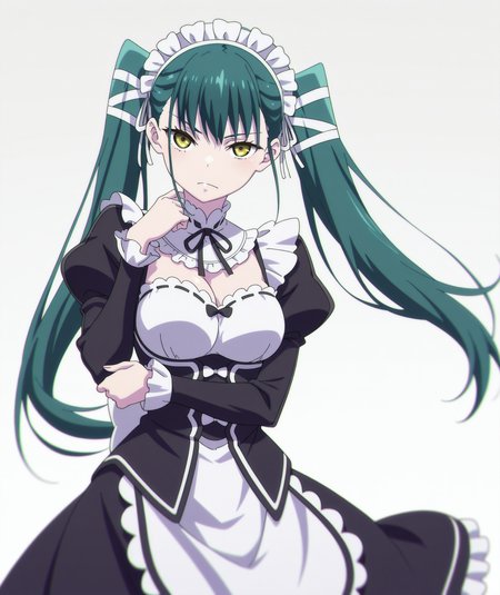 official art, absurdres, highres, anime coloring, hi res, best quality, masterpiece, 2d, intricate details, 4k,
1girl, solo, long hair, bangs, black hair, bow, twintails, yellow eyes, hair bow, green hair, 
breasts, medium breasts, maid headdress, maid, maid apron, long sleeves, frilled skirt, frills, frilled dress, frilled sleeves, maid dress, roswaal mansion maid uniform, 
looking at viewer, cowboy shot, 
depth of field, white background, gradient background, <lora:Yachiho_Azuma_ILXL:1>, mato seihei no slave, azuma yachiho,