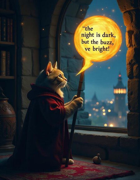 a  semi realistic epic cinematic  scene where a old wise magic cat holding a energy shape staff illuminating the room saying in a big speech bubble "the night is dark, but the buzz is bright" to a window showing the medieval city at night