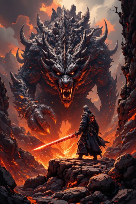 This image depicts a dramatic and fantastical scene featuring a menacing, colossal dragon facing off against a cloaked figure wielding a glowing red sword. The dragon is depicted with dark scales, fierce eyes, and sharp teeth, exuding an aura of immense power and aggression.

The setting appears to be a volcanic or hellish landscape, characterized by rocky terrain and a fiery atmosphere, suggesting intense heat and danger. The sky is filled with ominous clouds tinged with red hues from the surrounding flames and lava flows.

The overall tone of the image is one of epic confrontation and high fantasy, evoking themes of heroism, battle, and mythical creatures. The artwork showcases detailed textures and dynamic lighting that enhance the dramatic tension between the dragon and its opponent.,aidmafluxpro1.1