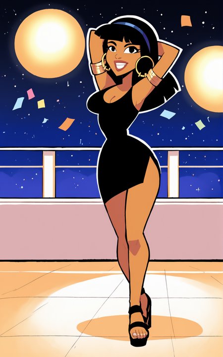 score_9, score_8_up, score_7_up,((best quality)), absurdres,((full body)),  <lora:3d-2d:0.8>,   <lora:CleopatraCHPXL:0.8>,CleopatraCHPXL,black hair, breasts, medium breasts, dark-skinned female,  black dress, short dress, side slit, party,disco,hairband,human,narrow waist,sandals,heels,dancing,hoop earrings, earrings, shadow, black eyes,  armlet, blue hairband