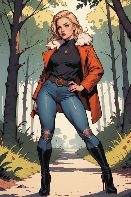 1girl, high heels, blonde hair, denim, pants, solo, jeans, realistic, blue eyes, long hair, high heel boots, boots, forest, nature, tree, shirt, blurry, looking at viewer, fur coat, hand on own hip, outdoors, coat, full body, standing, blurry background, black shirt, makeup, fur trim, jacket, belt, flower, lips, blue pants, black footwear, standing on one leg, red lips, long sleeves, lipstick, depth of field, <lora:Expressive_H:0.5>, score_9, score_8_up, score_8_up, a_Comic_Illustration, rough lines with ink, (drawn:1.1), (sketch:1.5), (crosshatching:1.25), (comic style:1.1), graphic novel style, sharp lines, hires, zstyle, (western comics \(style\):1.1), (hatching \(texture\):1.2), zPDXL, Mr_Monster_Possitive