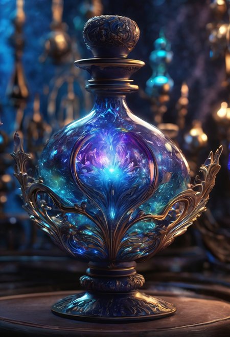 Score_9, Score_8, high_def, highest quality, 4k, best quality, masterpiece, focused, defined, Photorealistic magic potion, intricate glass bottle, elixir, neon teal, indigo colors, ethereal light, flashy lights, magic lights, luminous, dynamic reflections, magical aura, highly detailed, fantasy essence, glowing particles, radiant aura