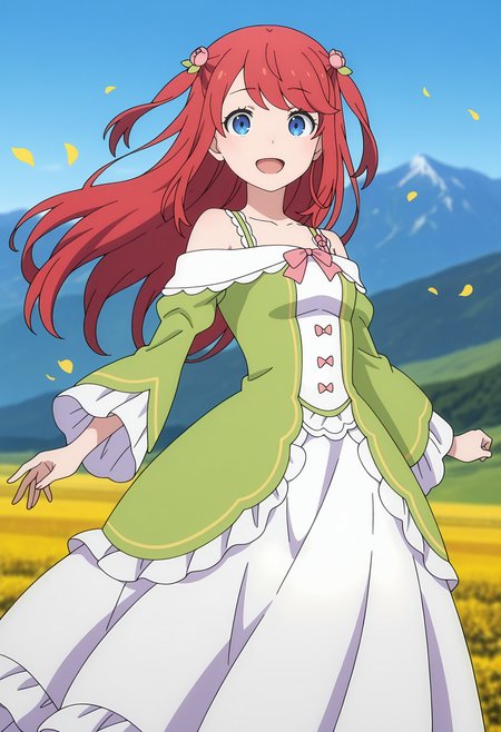 anime screencap, masterpiece, best quality,
<lora:ReZero_TheresiaVanAstrea_IlluXL:0.9>,
1girl, solo, open mouth, smile,
two side up, swept bangs, long hair, red hair, blue eyes, hair flower,
off-shoulder dress, multicolored dress, white dress, green dress, pink bowtie, long sleeves, long dress, frilled dress,
floating clothes, floating hair, floating petals,
outstreched arms, standing, looking at viewer, cowboy shot,
scenery, day, blue sky, mountainous horizon, photo background, blurry background