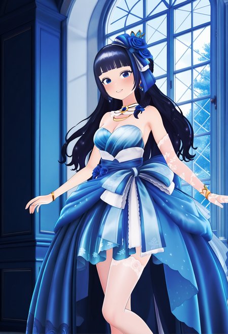 masterpiece, best quality, very aesthetic, absurdres, 1girl, solo,
<lora:fuji_aoi_v01:0.9>, virtual youtuber, aoi_costume3, black hair, long hair, half updo, blunt bangs, blue eyes,
hair ornament, hair flower, earrings, jewelry, necklace, bare shoulders, blue dress, strapless dress, cleavage, dress flower, blue rose, white single glove, bracelet, blue high heels smile, posing