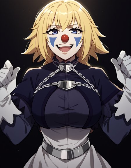 score_9, score_8_up, score_7_up, source_anime, <lora:jeanne-d-arc-apocrypha-s1-ponyxl-lora-nochekaiser:1>, jeanne d arc, blonde hair, blue eyes, long hair, large breasts,, <lora:clown-ponyxl-lora-nochekaiser:1>, clown, makeup, clown nose, facepaint, gloves, long sleeves, frills, dress,, smile, open mouth, smug, , dutch angle, cowboy shot