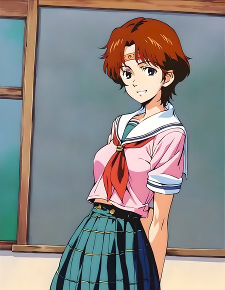 <lora:pony_xl_lin:0.8>,lin,score_9,source_anime,1girl,solo,no_headwear,school_uniform,sailor_collar,red_neckerchief,plaid_skirt,indoor,classroom,cowboy_shot,looking_at_viewer,arms_behind_back,standing,happy,smile,kind_smile,