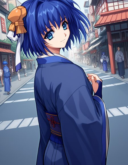 score_9, score_8_up, score_7_up, source_anime, <lora:daiakuji-yume-ova-ponyxl-lora-nochekaiser:1>, yume, short hair, blue eyes, hair ornament, blue hair, hair intakes, ribbon, hair ribbon,, long sleeves, japanese clothes, bridal gauntlets,, crosswalk, people, street, white lines, traffic, smile, <lora:shaft-look-ponyxl-lora-nochekaiser:1>, shaft look, looking back, from behind, head tilt,, looking at viewer, solo,, dutch angle, cowboy shot