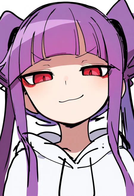 best quality, amazing quality, very aesthetic, absurdres, sketch,
BREAK
1girl, althea, purple hair, blunt bangs, twintails, long hair, red eyes,
solo, closeup, smug, looking at viewer, white hoodie, upper body, close-up, white background,
<lora:AltheaNoobXL_byKonan:1>,   <lora:DoodleNoob_byKonanV2:1>