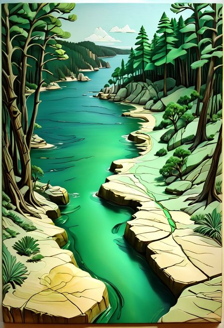 artshmll, pencil contour drawing, artfshnshtr, artxldnc
3d, 3-d, trees, rocks, map of the emerald coast, topography map, map making, cartography, inlay, carved relief, color blocks in shades of green , fill the page,