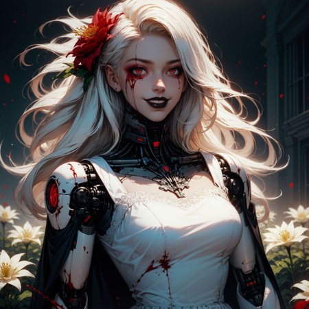 (score_9, score_8_up, score_7_up, zPDXL),
BREAK
(outdoors:1.0), (tall flowers:1.1), (lycoris flower:1.0), (red spider lily flower:1.0),
BREAK,
dark-skinned female,  (cowboy shot:1.1), (1girl:1.0), (white hair:1.1), (white dress:1.1), (sadistic:1.0), (evil:1.0), (sinister:1.0), (hysterical:1.1), (smiling:1.0), (psycho:1.1), (bloodstains:1.1), (blood splatter:1.1), (covered in blood:1.2), (blood:1.2), (CryingBlood:1.0), (looking at viewer:1.0), black lipstick, red skinhighly detailed, female focus, robot, cyborg , android, mechanical arms, cybernetic neck, bionic torso, bionic skin
BREAK,
(horror:1.0), (noir:1.0), (red:1.1), (crimson:1.1),
BREAK
thick lineart, sharp edges, cel shading, linear hatching, black and white comic-noir aesthetics, film noir atmosphere, high contrast, duotone,