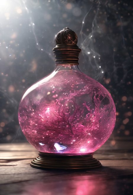 Score_9, Score_8, high_def, highest quality, 4k, best quality, masterpiece, focused, defined, Photorealistic magic potion, filled with liquid,  intricate glass bottle, elixir, vibrant white and pink, ethereal light, wax seal, flashy lights, magic lights, luminous, dynamic reflections, magical aura, highly detailed, fantasy essence, glowing particles, radiant aura
