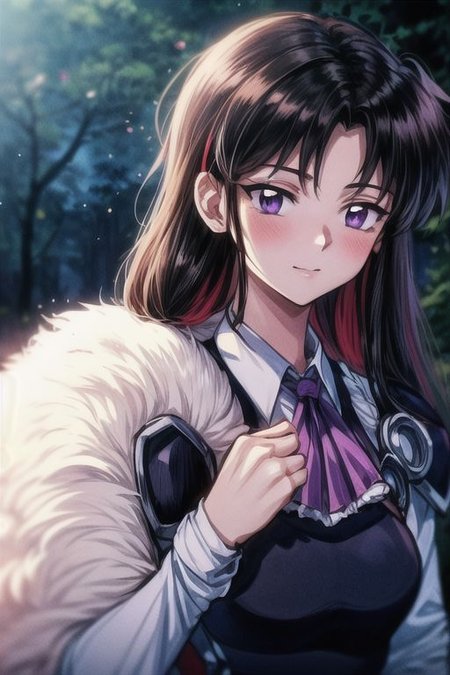 masterpiece,  best quality 1girl Setsun4 solo long hair,  (night time) forest background black hair very long hair purple eyes multicolored hair armor (fur trim) (medium body),<lora:EMS-179-EMS:0.800000>,<lora:EMS-293862-EMS:0.800000> bow, hair_bow, hair_tubes, red_bow, brown_hair, long_hair, bangs, ascot, frilled_bow, yellow_ascot, blush, smile, hair_between_eyes, athletic, armor, miko
