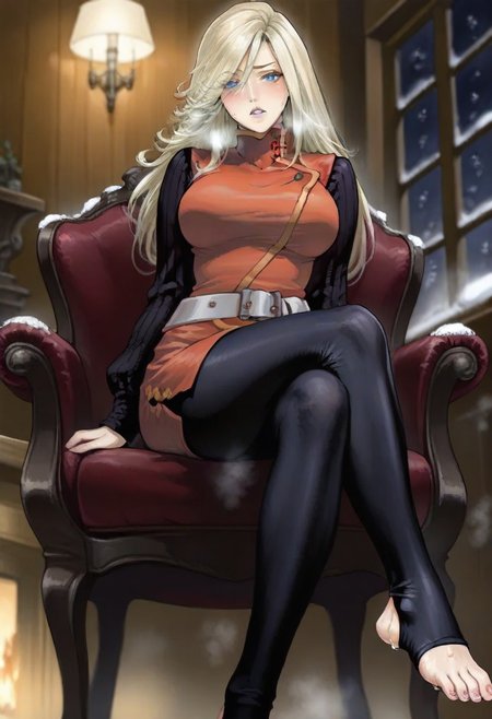 masterpiece,best quality,amazing quality,
<lora:yokoBelnadesIL:1>,cvyoko,
1girl,solo,
blonde hair,long hair,bangs,blue eyes,looking at viewer,parted lips,
black long sleeves sweater underneath,red tunic,high collar,white belt,
black tights,
sitting,on chair,cross legs,from below,
blurry background,depth of field,soft lighting,light particles,vignetting,
indoors,window,snow,vintage style,night,warm,lamp,fireplace, toenail polish, nail polish, steam, ((sweaty feet)), ((sweaty toes)), solo, blush, embarrassed, ((toeless legwear))
